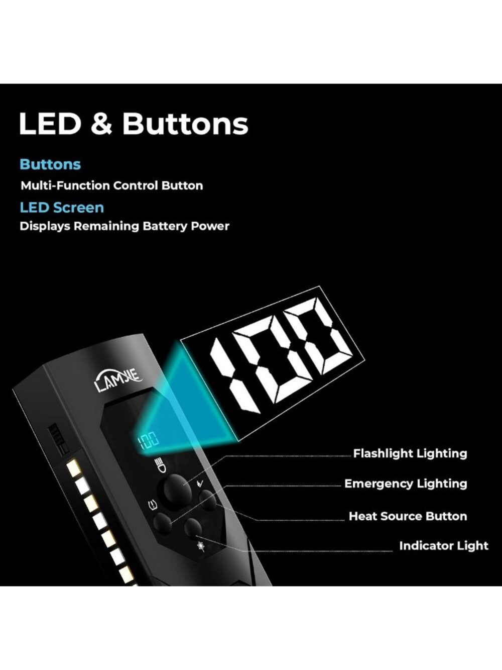 Portable LED Flashlight with Digital Battery Display, Multi-Function Control - Picture 4 of 8